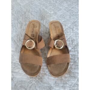 Yokono Leather & Cork Tan Slip On Wedge Sandal Made In Spain Rubber Sole NEW